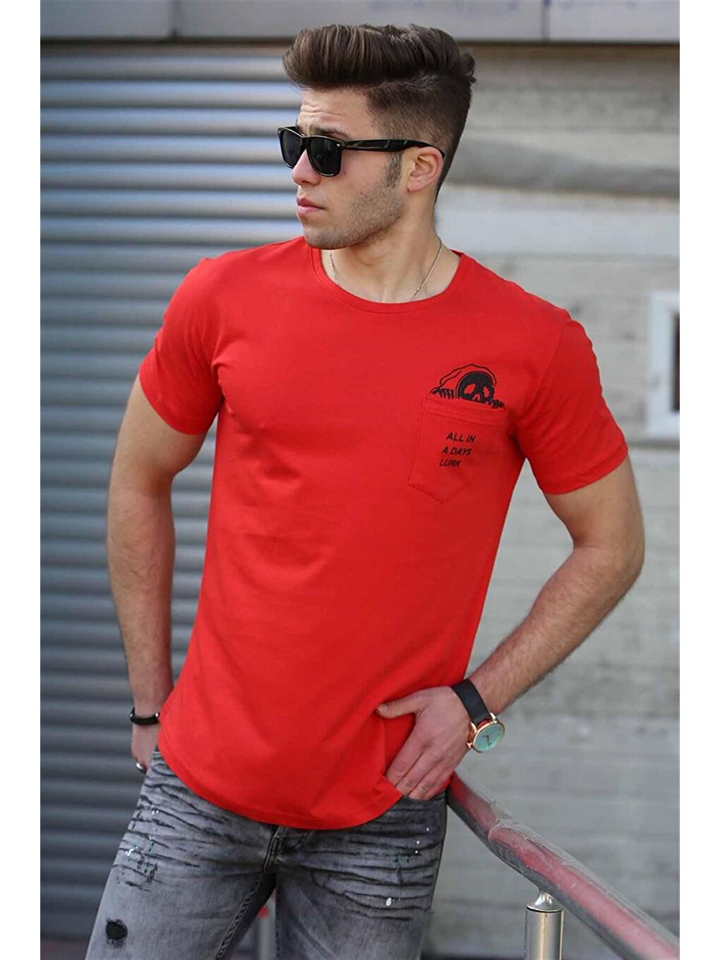 Cep Detay Kırmızı Erkek %100 Pamuk Tişört 4492