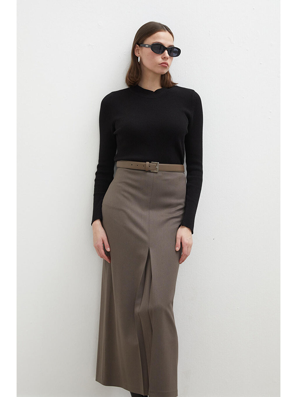 Bej Premıum Pile Detaylı Kalem Etek Vizon-5