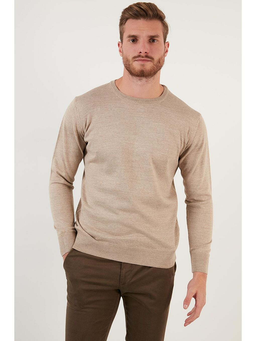 Bej Yünlü Slim Fit Bisiklet Yaka Triko Erkek Kazak 518BISIKLET-1