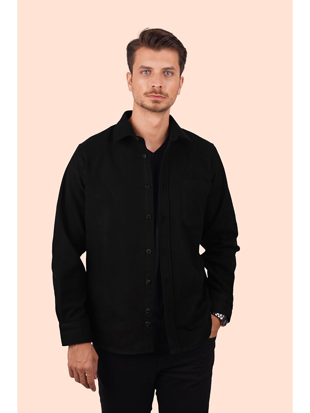 Etikmen Siyah Düz Oversize Oduncu Erkek Gömlek - 4