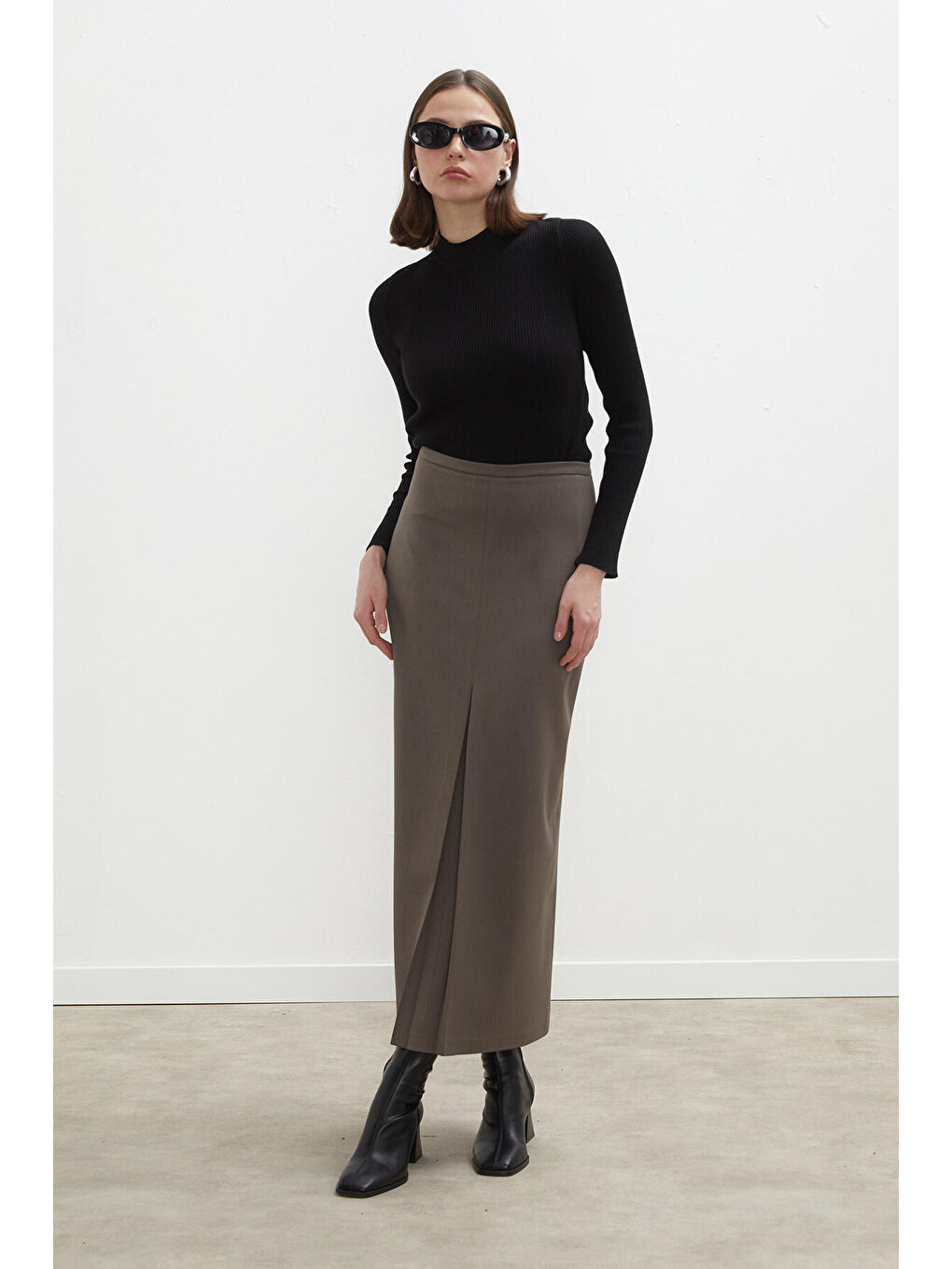 Bej Premıum Pile Detaylı Kalem Etek Vizon-6