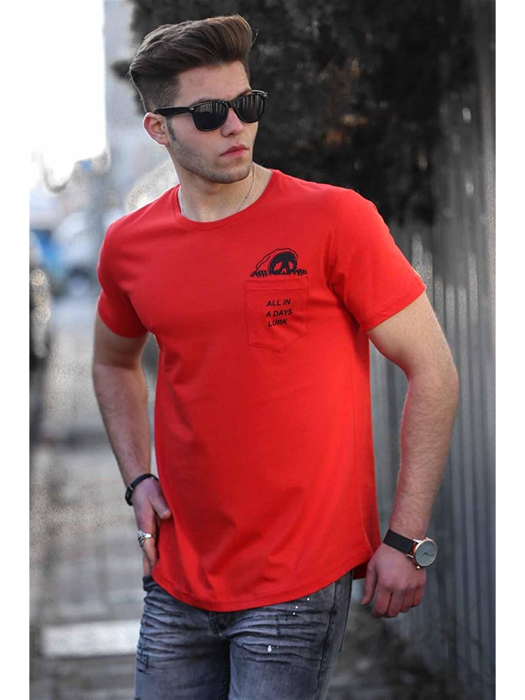 Cep Detay Kırmızı Erkek %100 Pamuk Tişört 4492-1