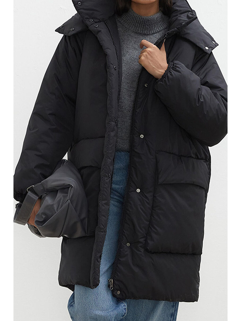 Kapüşonlu Anorak Mont Siyah-5