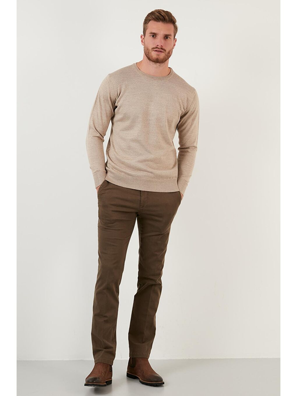 Bej Yünlü Slim Fit Bisiklet Yaka Triko Erkek Kazak 518BISIKLET-2