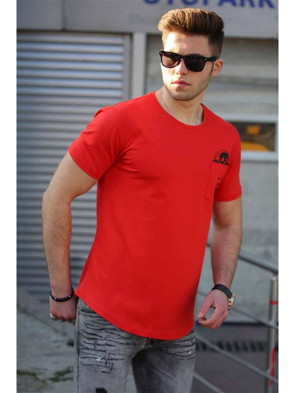 Cep Detay Kırmızı Erkek %100 Pamuk Tişört 4492-2