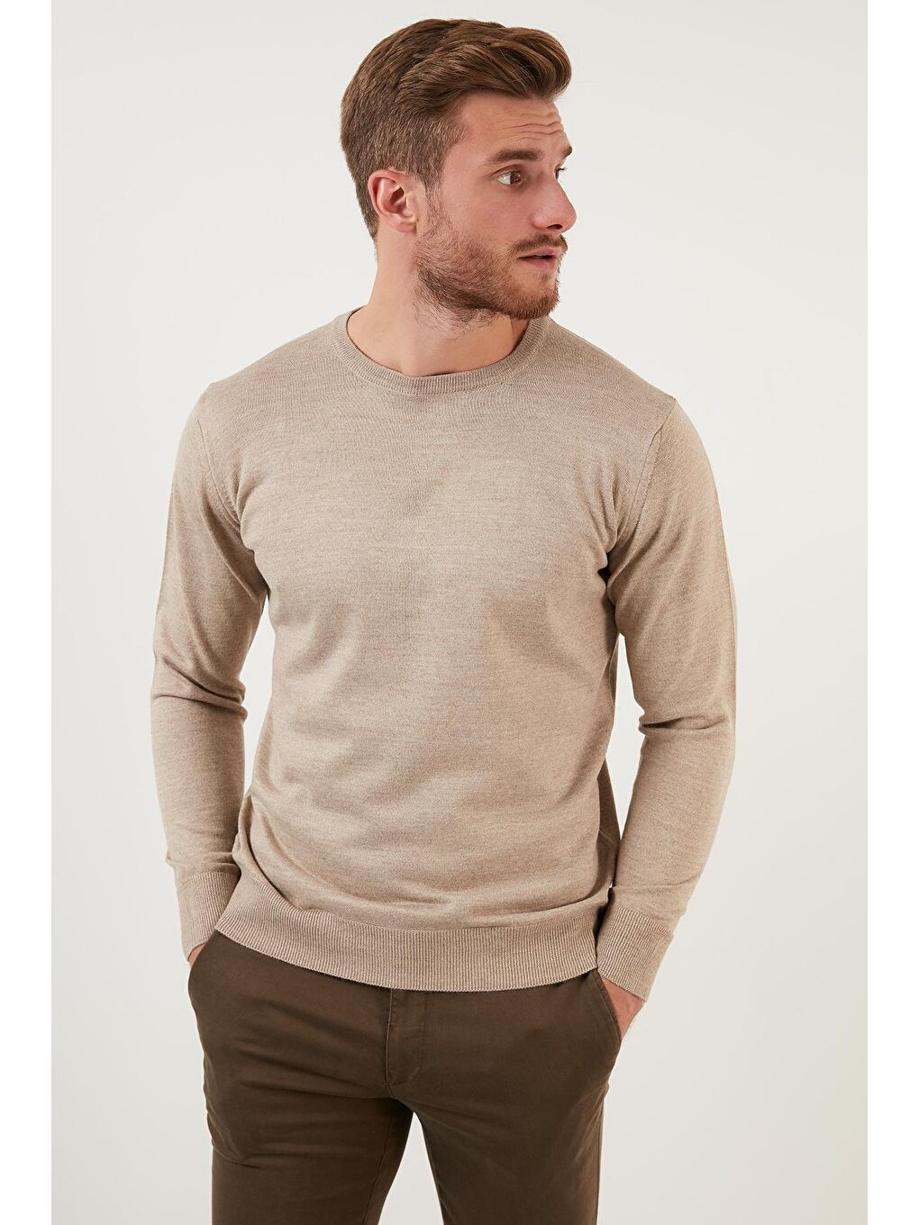 Bej Yünlü Slim Fit Bisiklet Yaka Triko Erkek Kazak 518BISIKLET-3