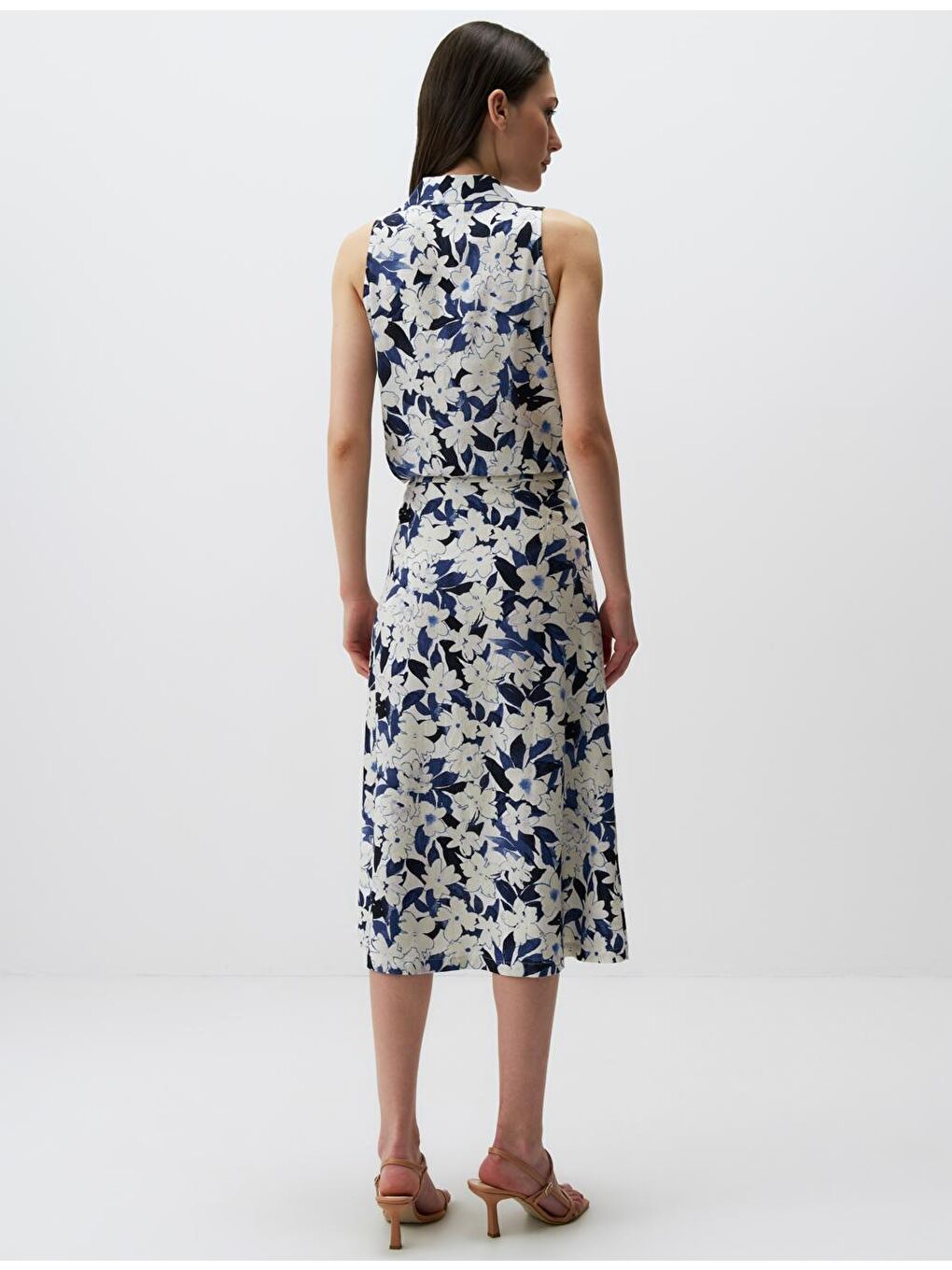 Mavi Bol Kesim Çiçekli Keten Midi Etek-5