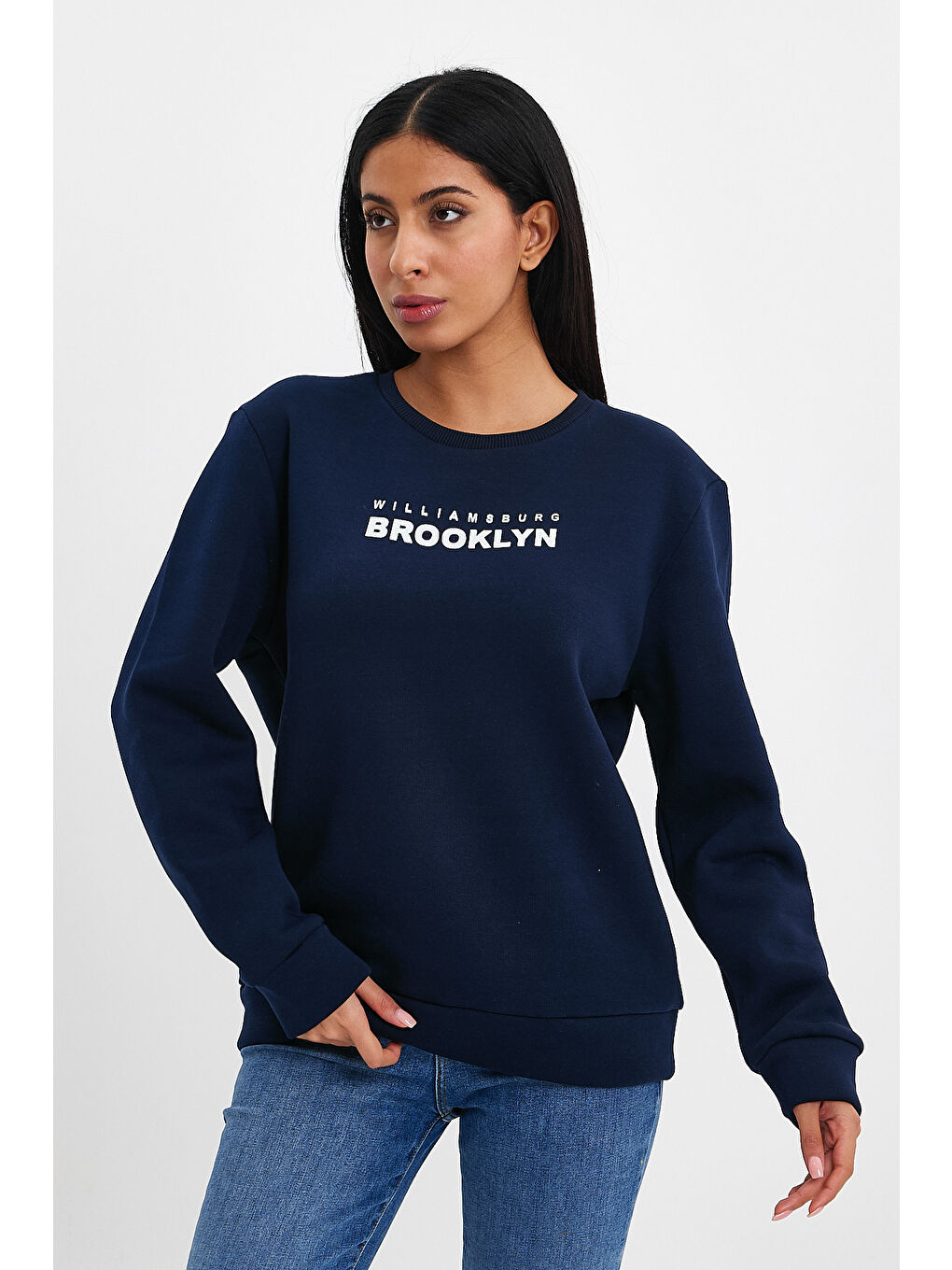 Lacivert Kadın Bisiklet Yaka Rahat Kalıp 3 iplik Kalın Brooklyn Baskılı Sweatshirt SPR24swk29-1