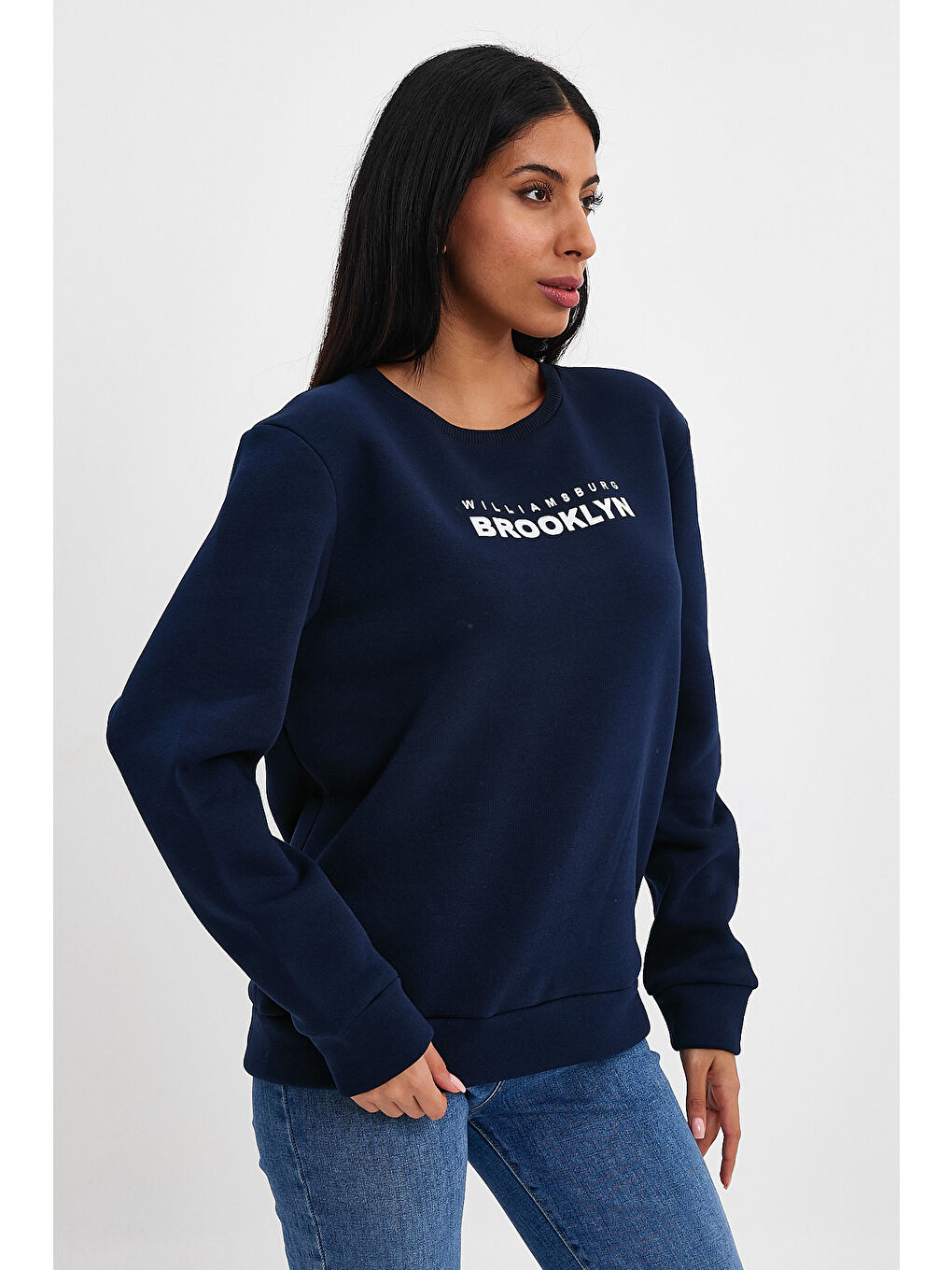 Lacivert Kadın Bisiklet Yaka Rahat Kalıp 3 iplik Kalın Brooklyn Baskılı Sweatshirt SPR24swk29-2