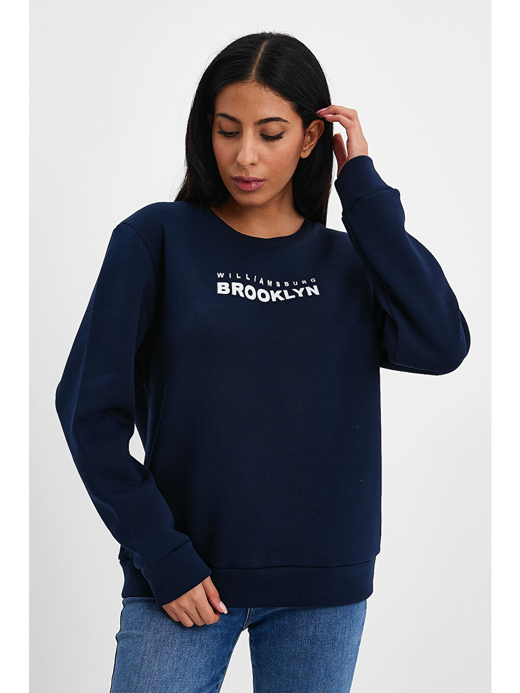 Lacivert Kadın Bisiklet Yaka Rahat Kalıp 3 iplik Kalın Brooklyn Baskılı Sweatshirt SPR24swk29-4