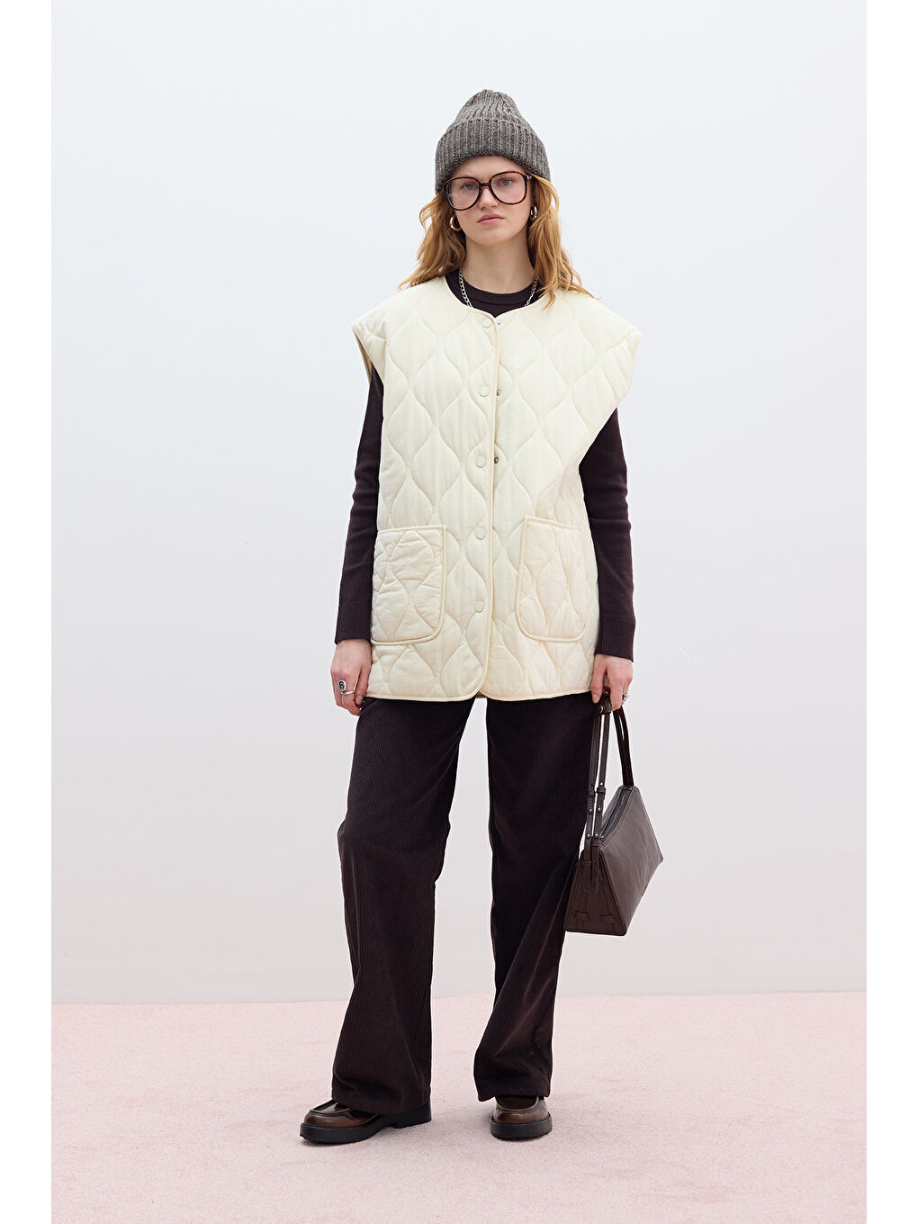 Bej Kapitone Cepli Yelek Vanilya-2