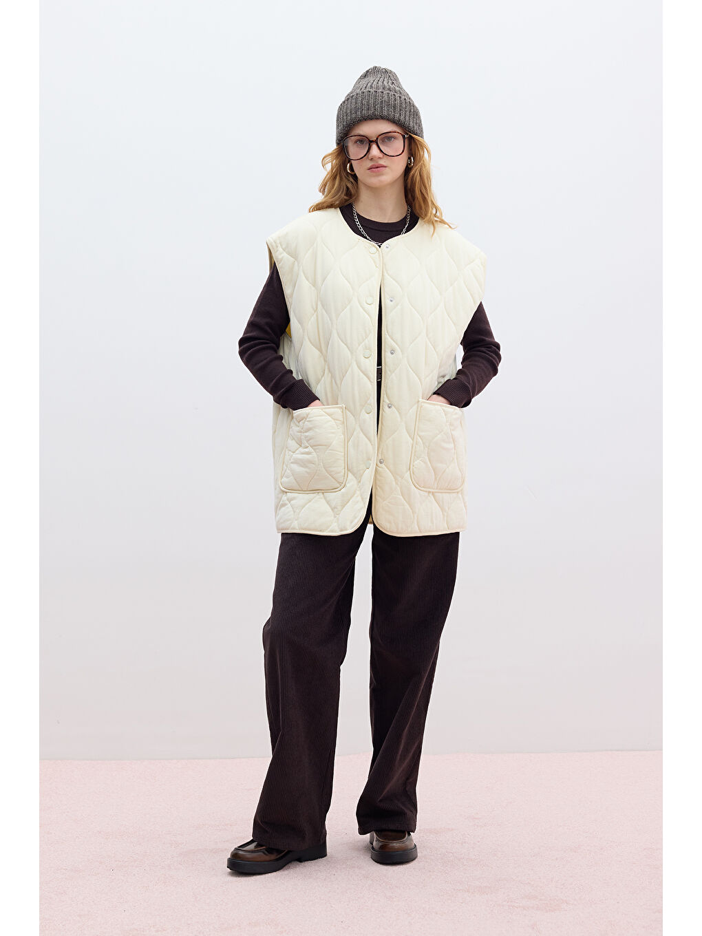 Bej Kapitone Cepli Yelek Vanilya-3