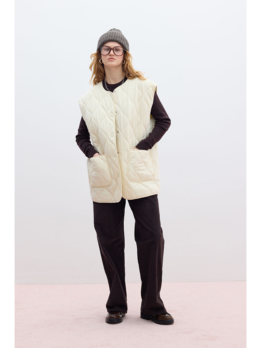 Bej Kapitone Cepli Yelek Vanilya-4