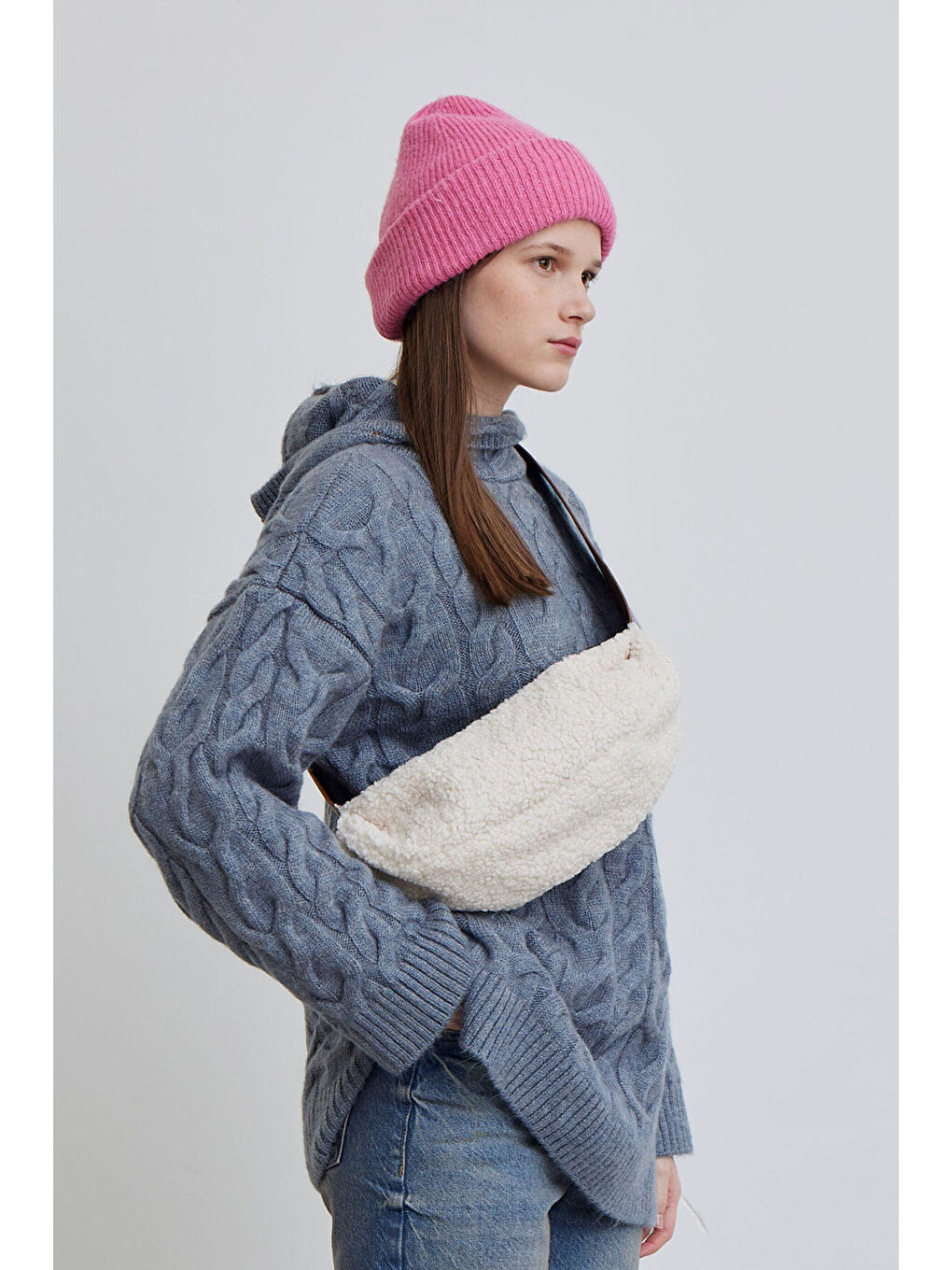 Kapüşonlu Saç Örgülü Kazak Mavi-2