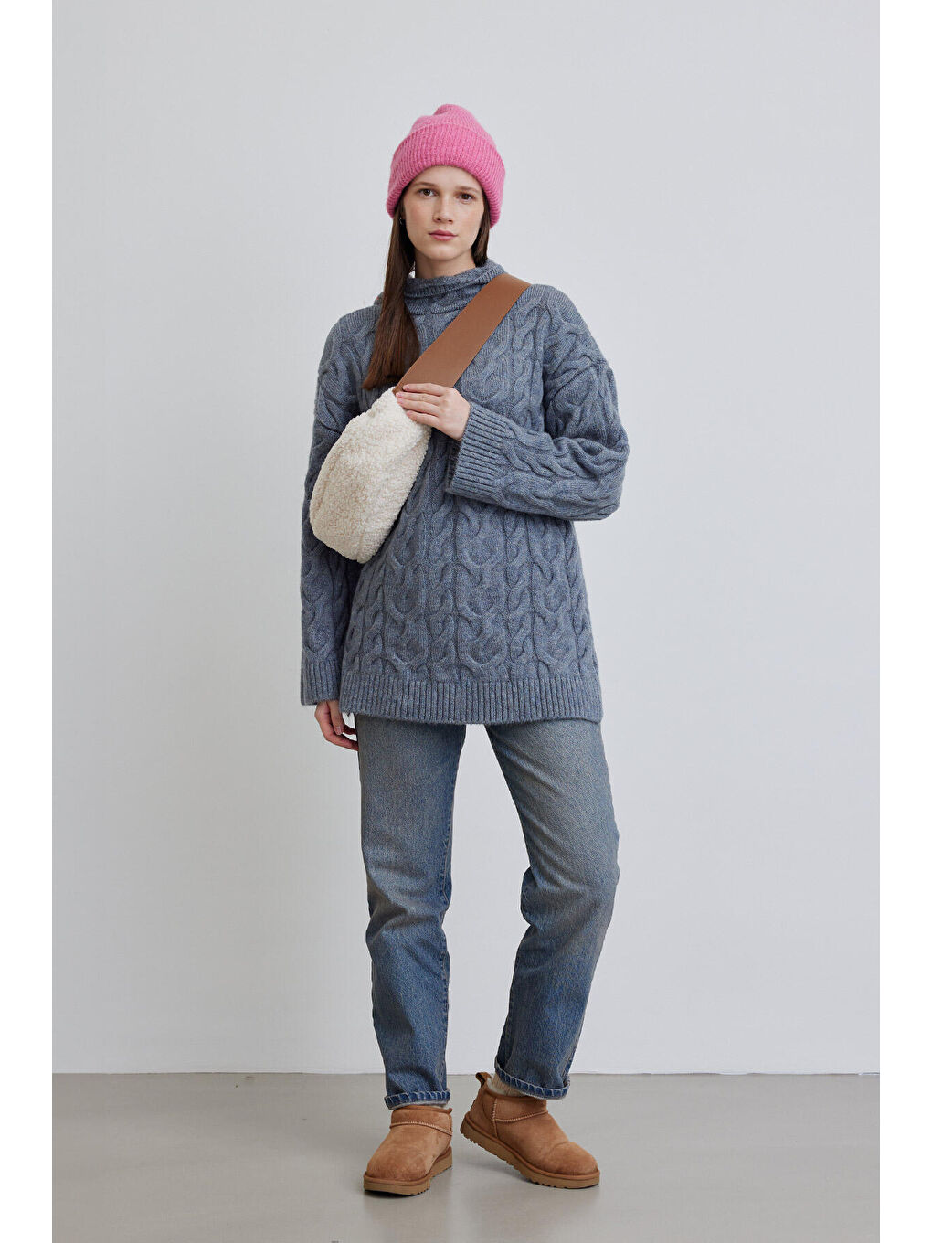 Kapüşonlu Saç Örgülü Kazak Mavi-3