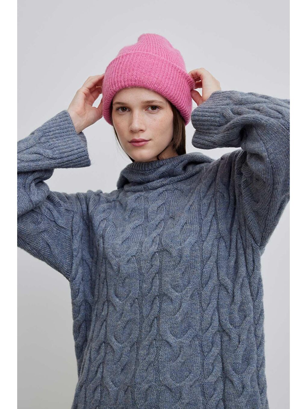 Kapüşonlu Saç Örgülü Kazak Mavi-5