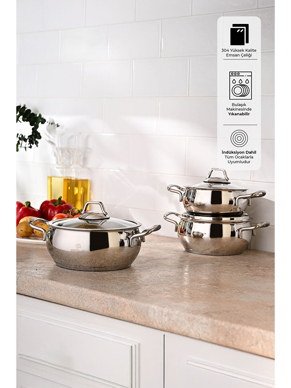 Gri Cemre İndüksiyon Tabanlı 6 Parça Midi Paslanmaz Çelik Tencere Seti