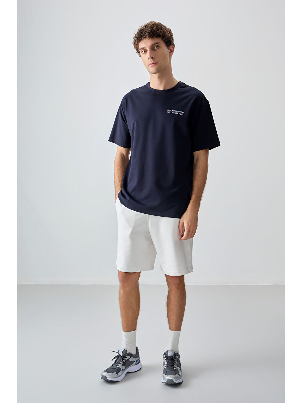 Lacivert Pamuklu Kalın Yumuşak Dokulu Oversize Fit Baskılı Erkek Tişört - 88375-1