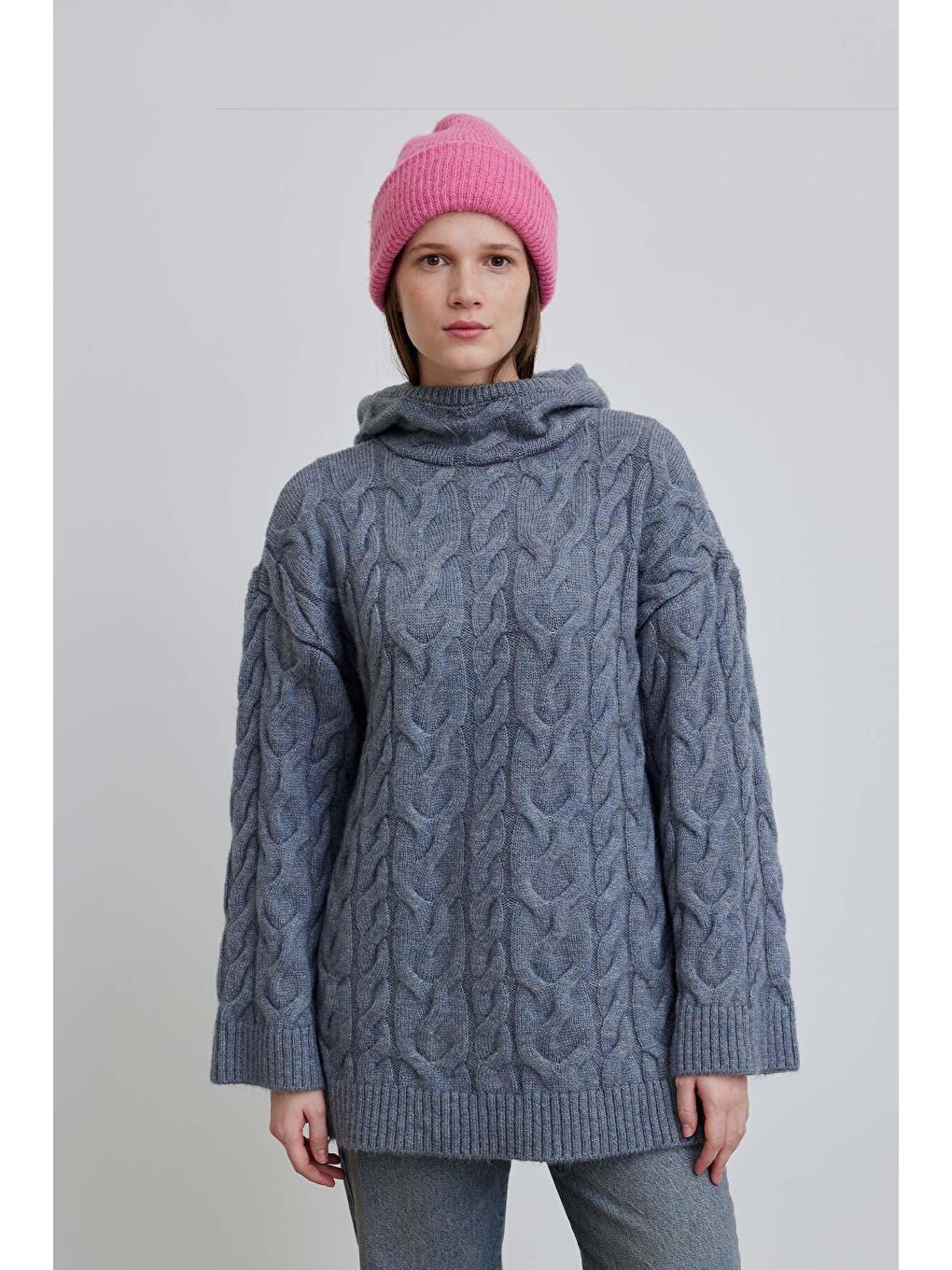 Kapüşonlu Saç Örgülü Kazak Mavi-6