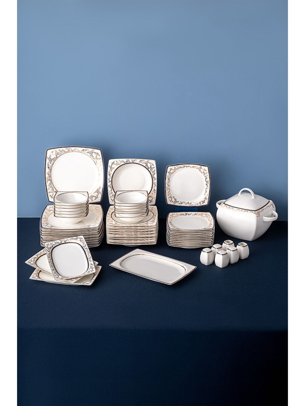 Beyaz Bade Cobalt 60 Parça 12 Kişilik Kare Yemek Takımı Fine Bone