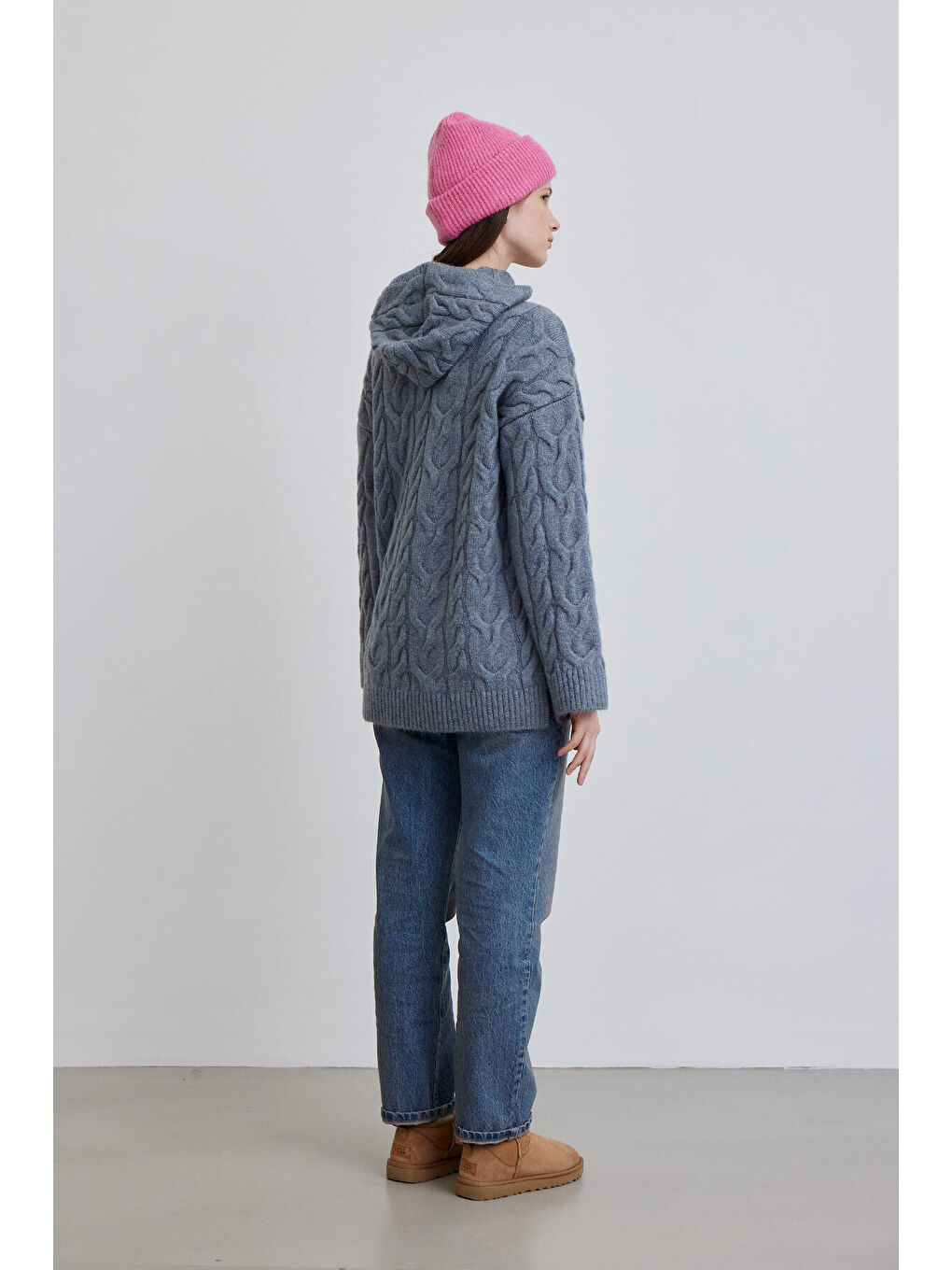 Kapüşonlu Saç Örgülü Kazak Mavi-7