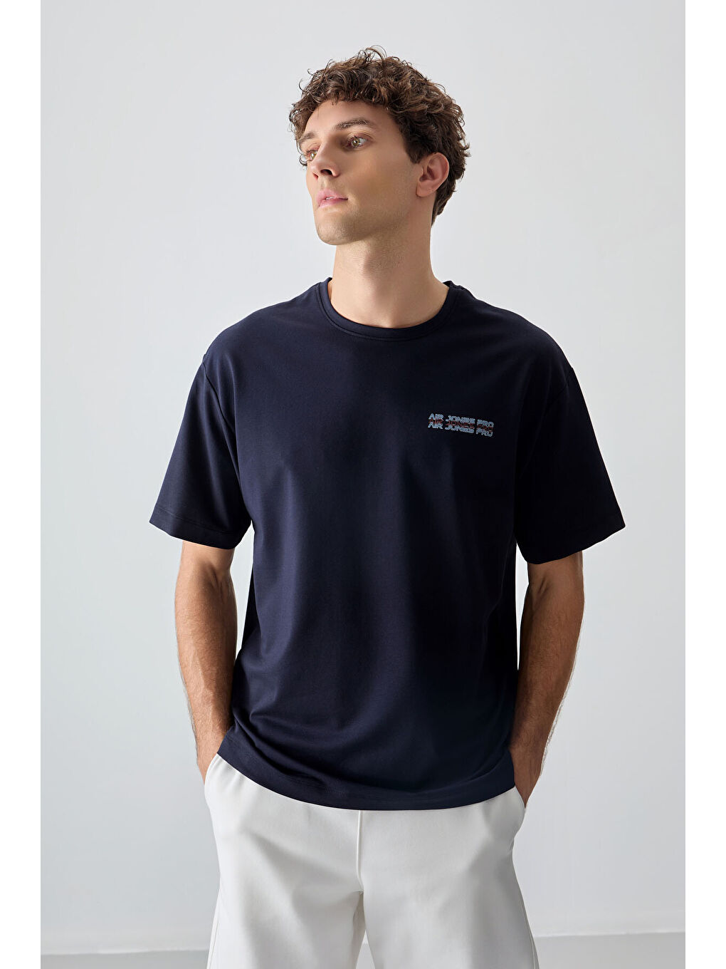 Lacivert Pamuklu Kalın Yumuşak Dokulu Oversize Fit Baskılı Erkek Tişört - 88375-3