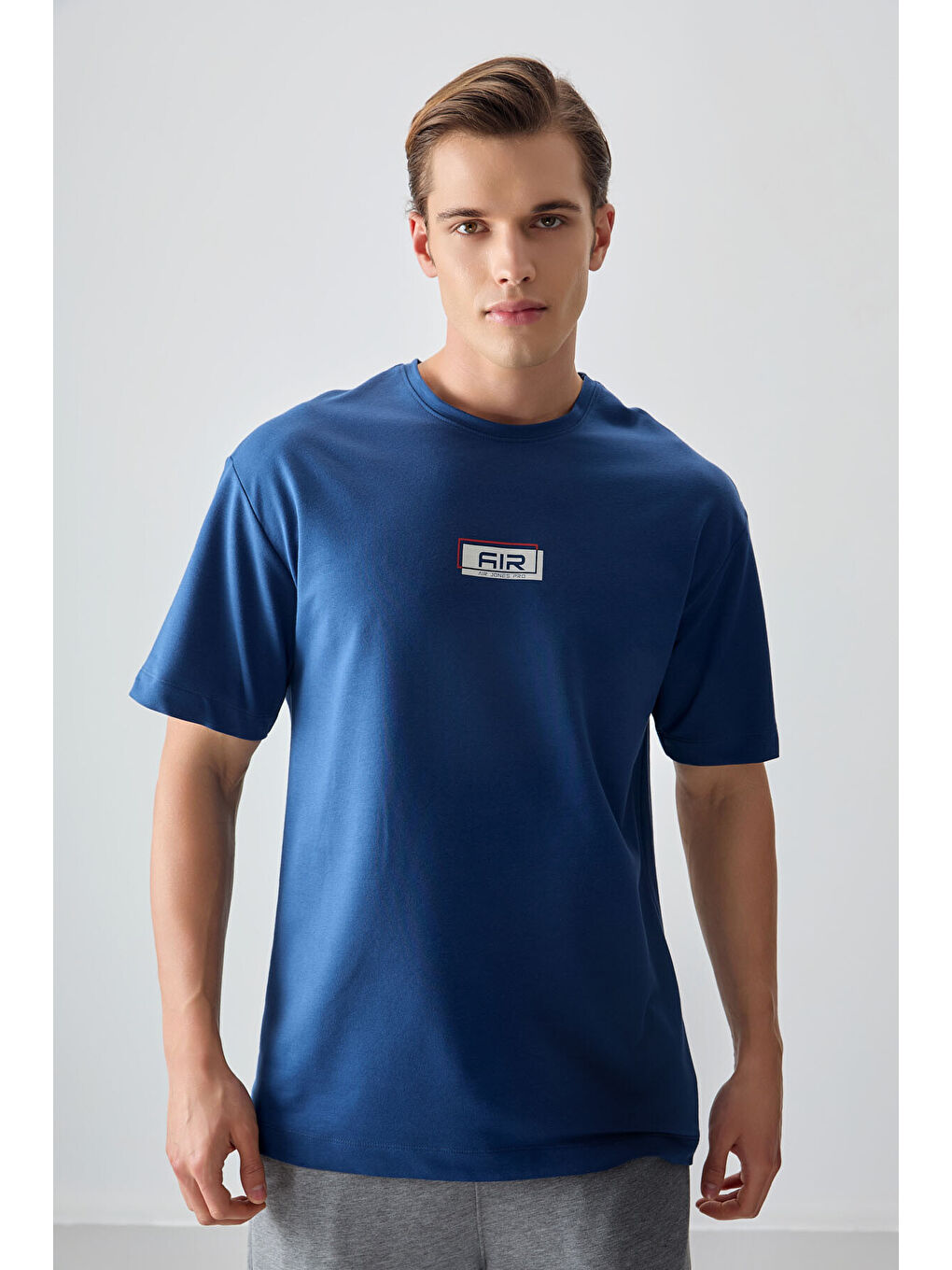 Mavi Pamuklu Kalın Yumuşak Dokulu Oversize Fit Baskılı Erkek Tişört - 88376