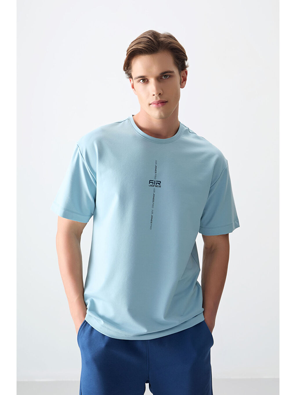 Açık Mavi Pamuklu Kalın Yumuşak Dokulu Oversize Fit Baskılı Erkek Tişört - 88373