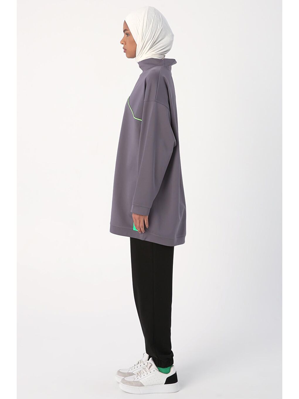 Gri Neon Detaylı Oversize Sweat Tunik-2