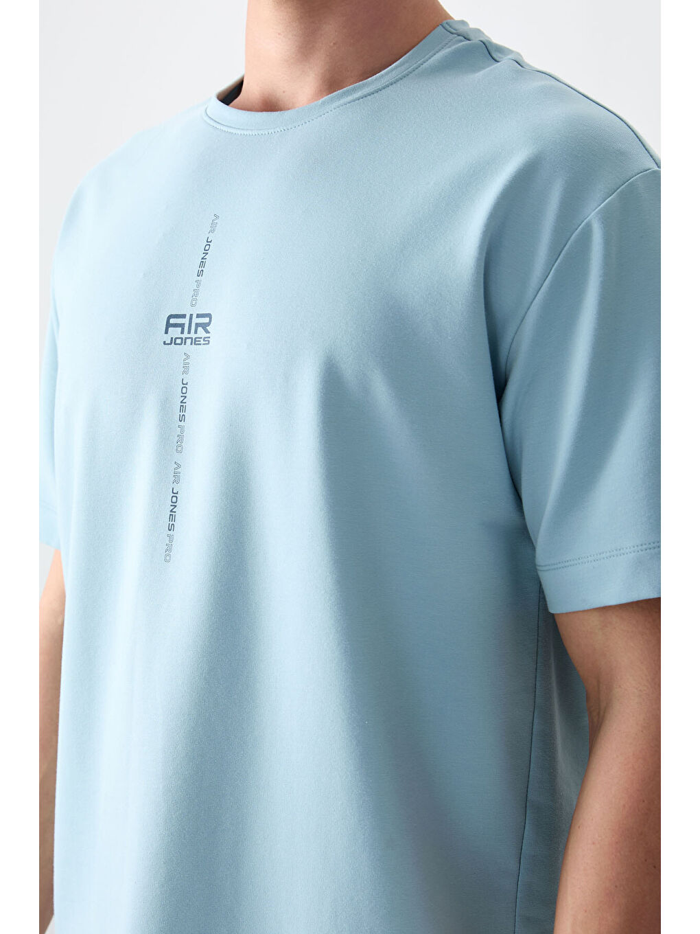 Açık Mavi Pamuklu Kalın Yumuşak Dokulu Oversize Fit Baskılı Erkek Tişört - 88373-2