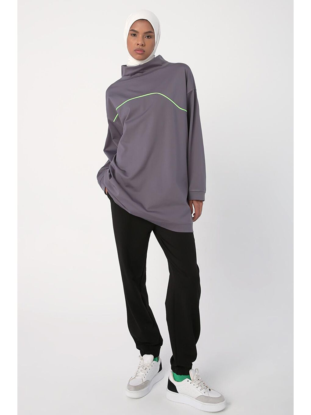 Gri Neon Detaylı Oversize Sweat Tunik-4