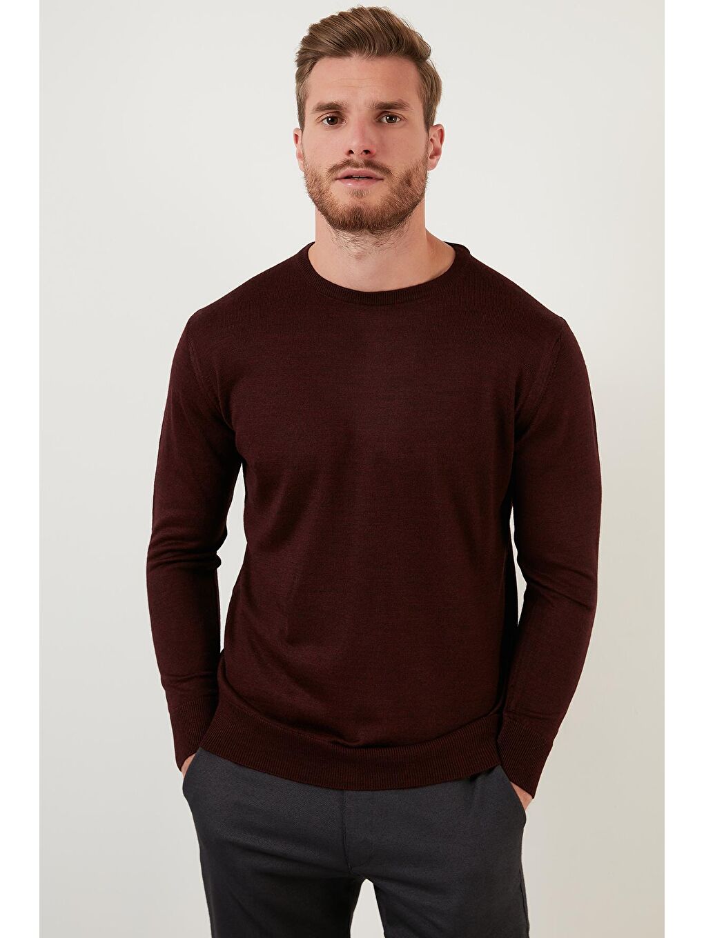 Bordo Yünlü Slim Fit Bisiklet Yaka Triko Erkek Kazak 518BISIKLET