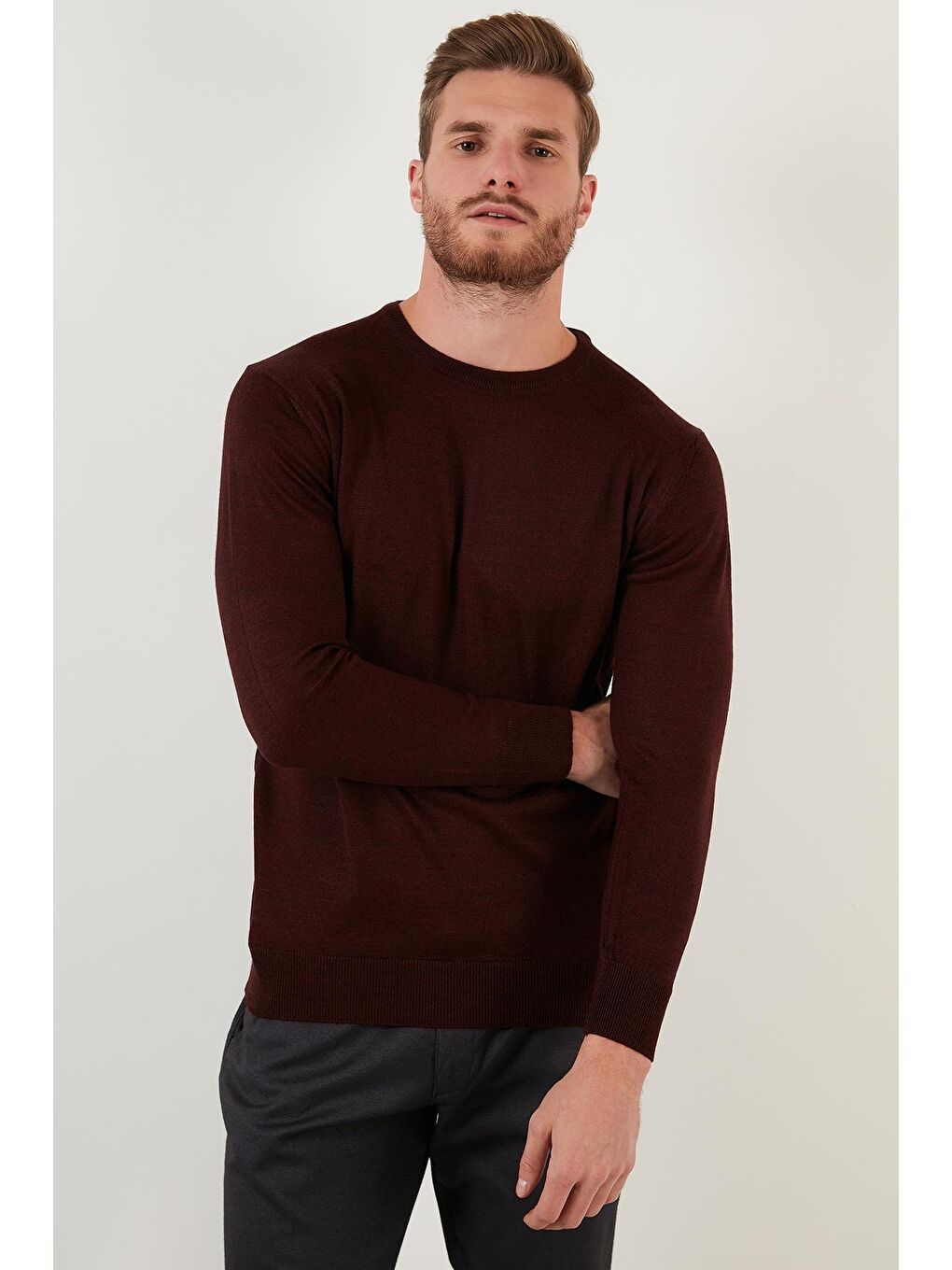 Bordo Yünlü Slim Fit Bisiklet Yaka Triko Erkek Kazak 518BISIKLET-1