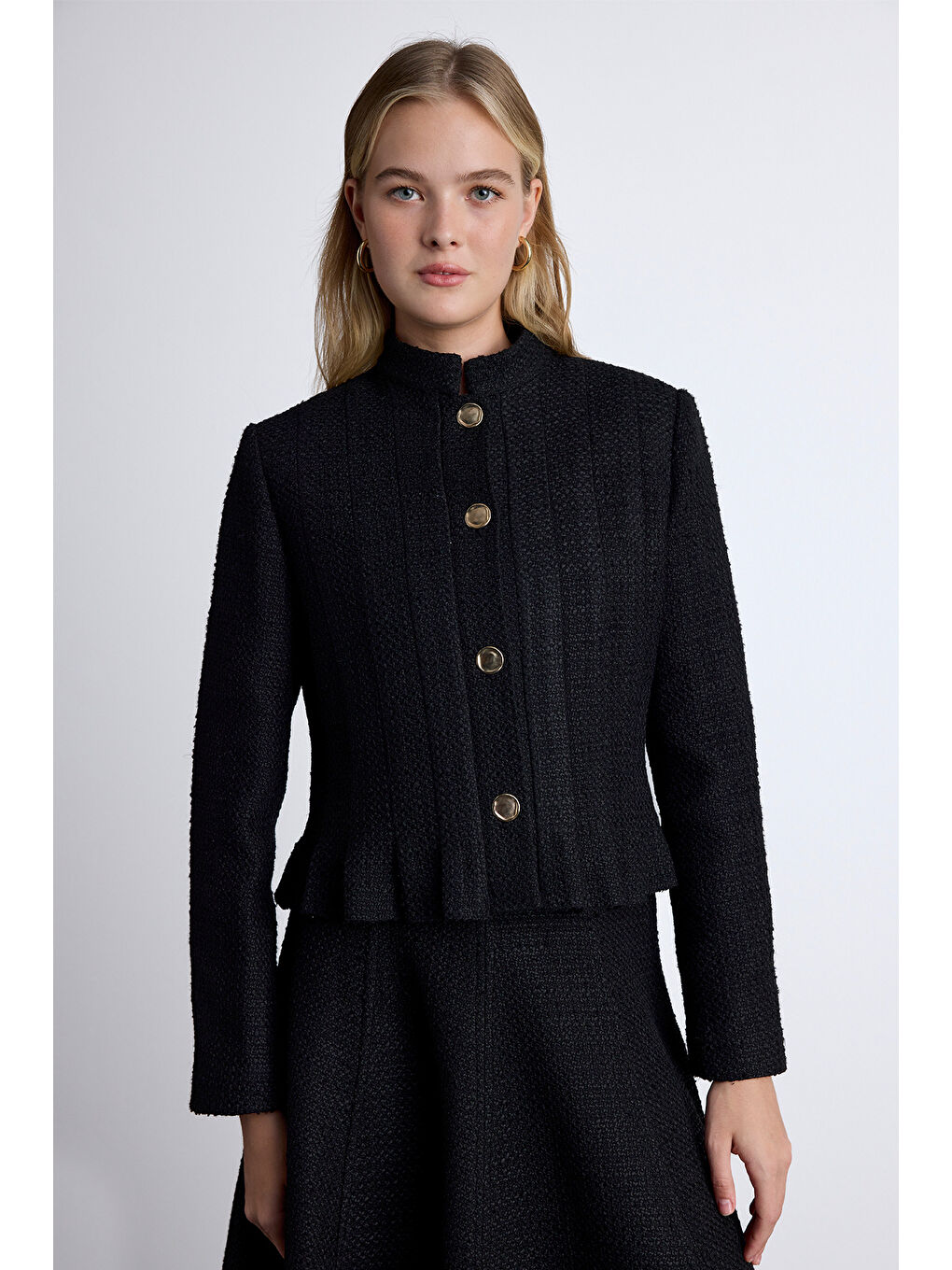 Dokulu Düğmeli Ceket Siyah-2