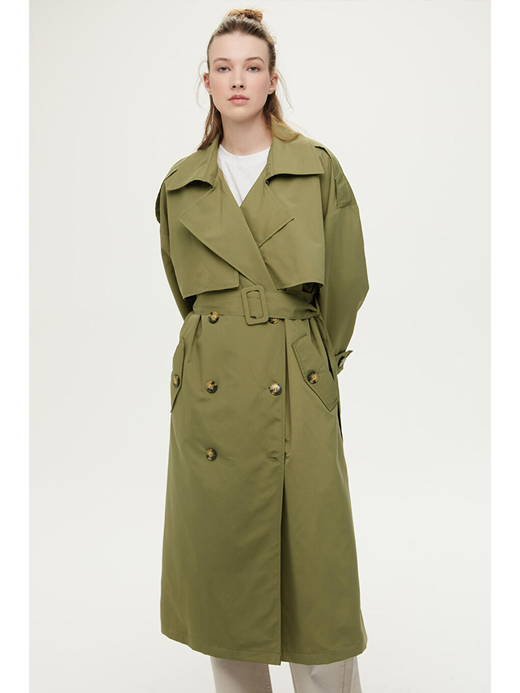 Düğmeli Kruvaze Trençkot Haki