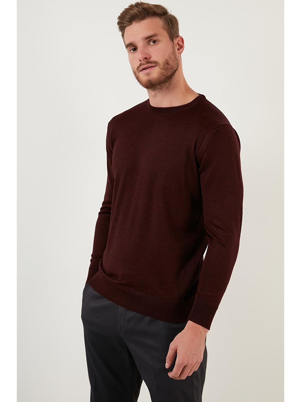 Bordo Yünlü Slim Fit Bisiklet Yaka Triko Erkek Kazak 518BISIKLET-3