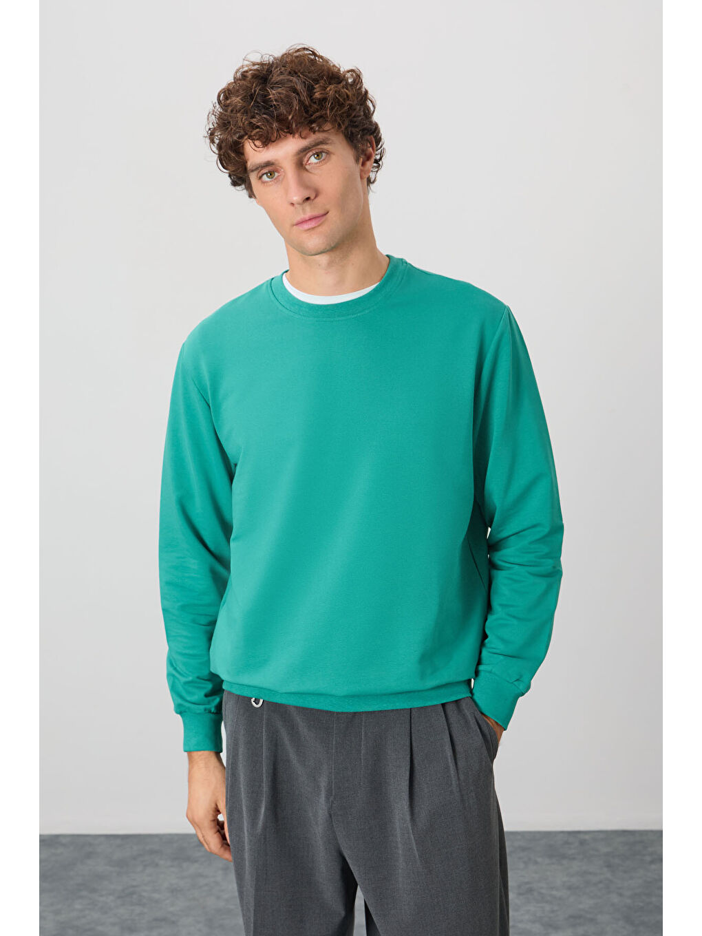 Açık Yeşil Pamuk Dokulu Standart Fit Basic Erkek Sweatshirt-2