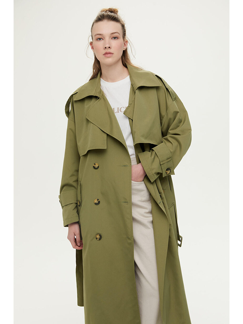 Düğmeli Kruvaze Trençkot Haki-1