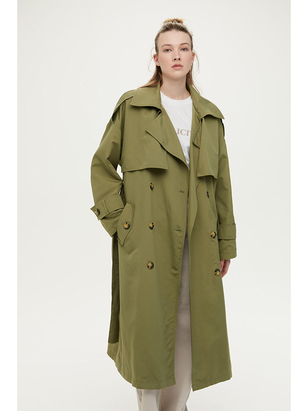 Düğmeli Kruvaze Trençkot Haki-2