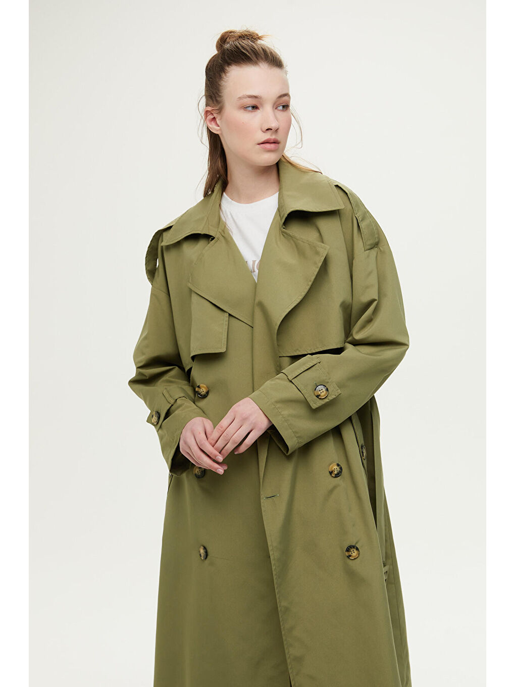 Düğmeli Kruvaze Trençkot Haki-4