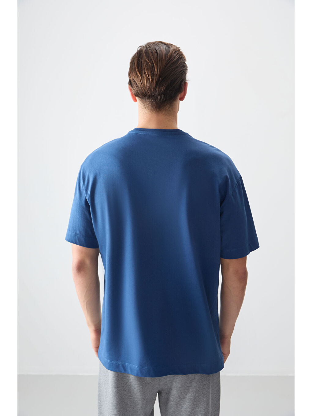 Mavi %100 Pamuk Kalın Yumuşak Dokulu Oversize Fit Basic Erkek Tişört-3