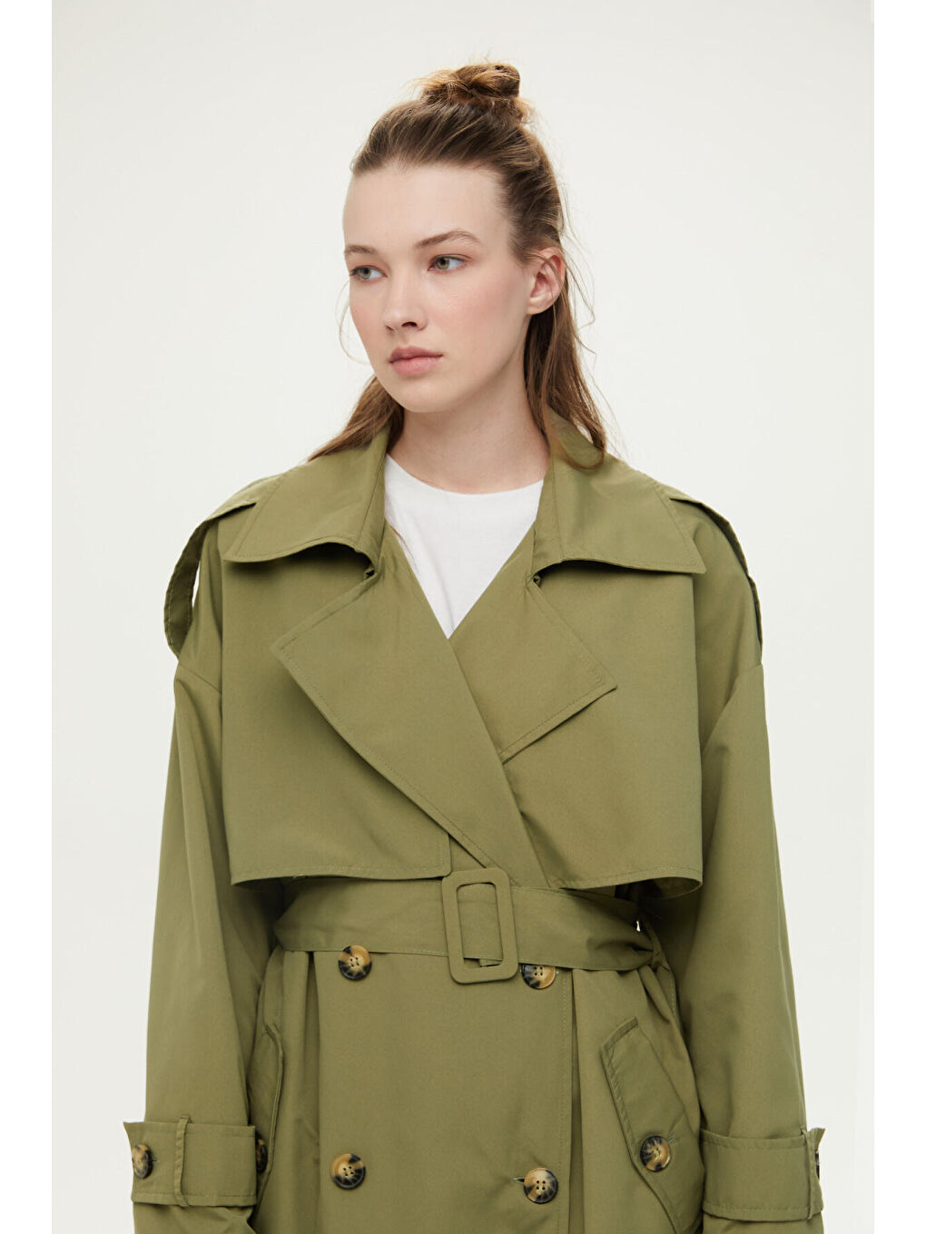 Düğmeli Kruvaze Trençkot Haki-5