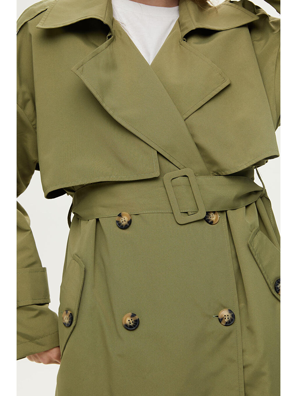 Düğmeli Kruvaze Trençkot Haki-6