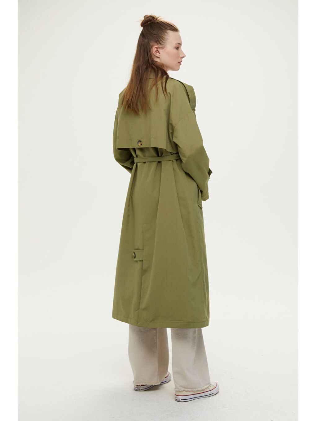 Düğmeli Kruvaze Trençkot Haki-7