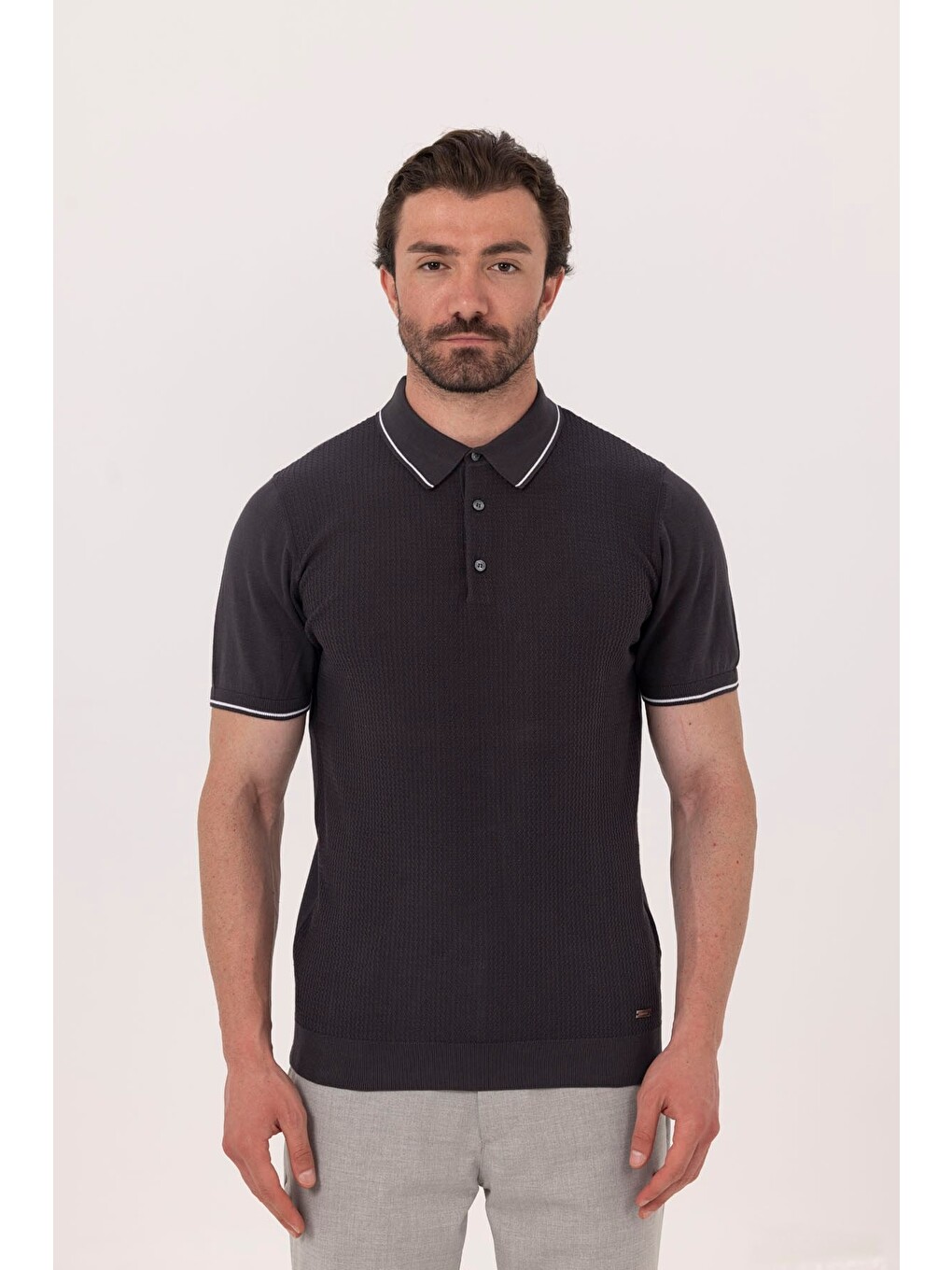 Antrasit Slim Fit %100 Pamuk Jakarlı Polo Yaka Triko T-shirt