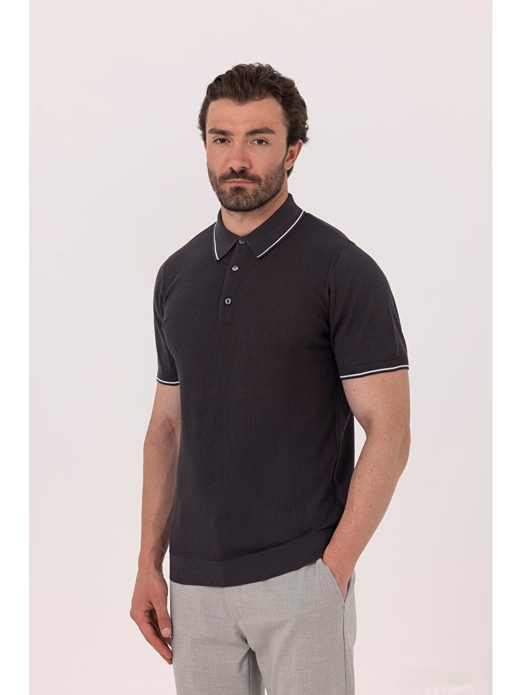 Antrasit Slim Fit %100 Pamuk Jakarlı Polo Yaka Triko T-shirt-1