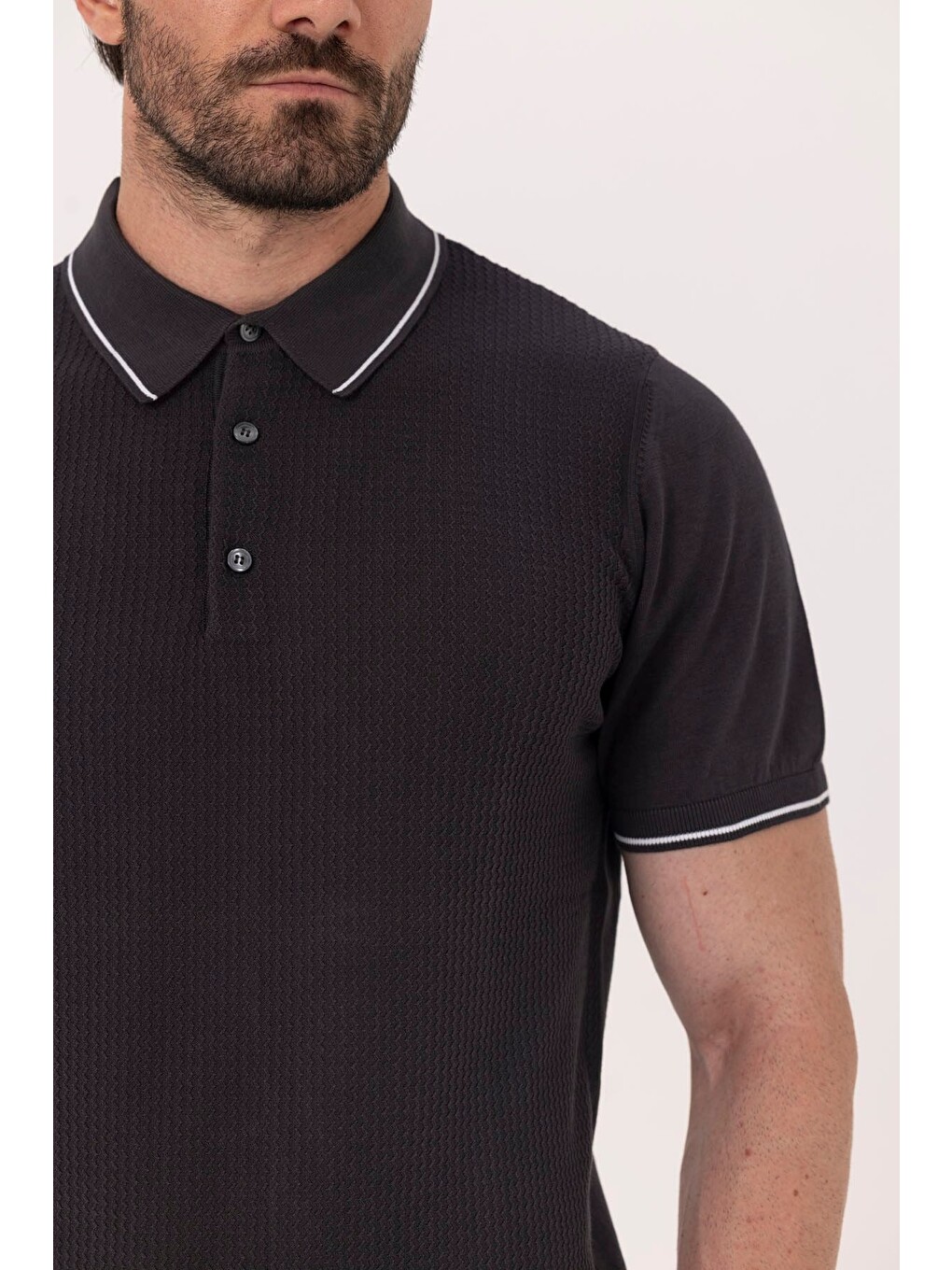 Antrasit Slim Fit %100 Pamuk Jakarlı Polo Yaka Triko T-shirt-2