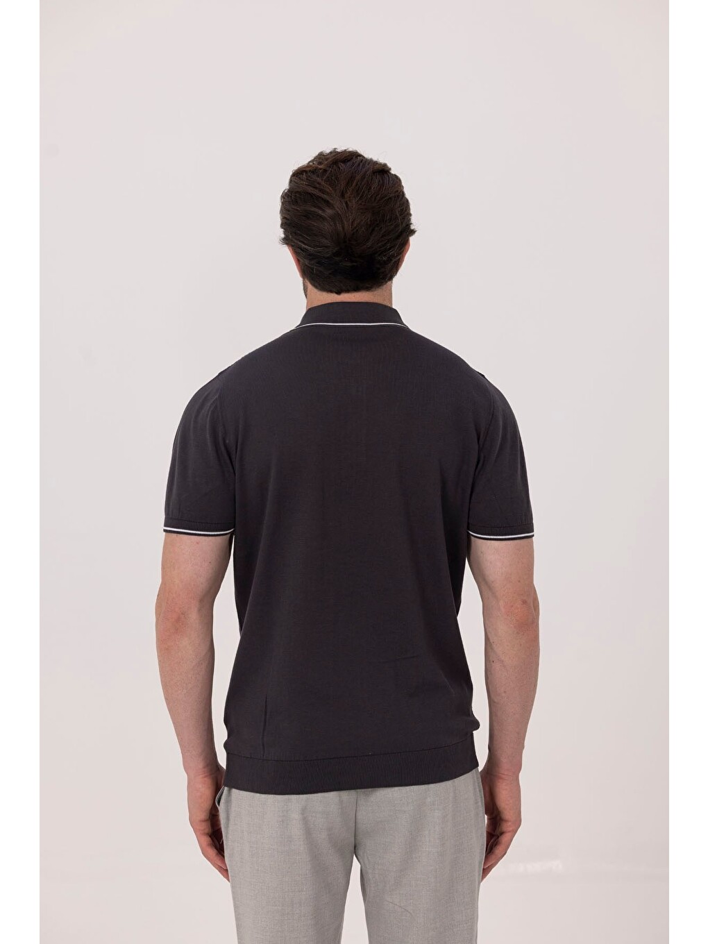 Antrasit Slim Fit %100 Pamuk Jakarlı Polo Yaka Triko T-shirt-3
