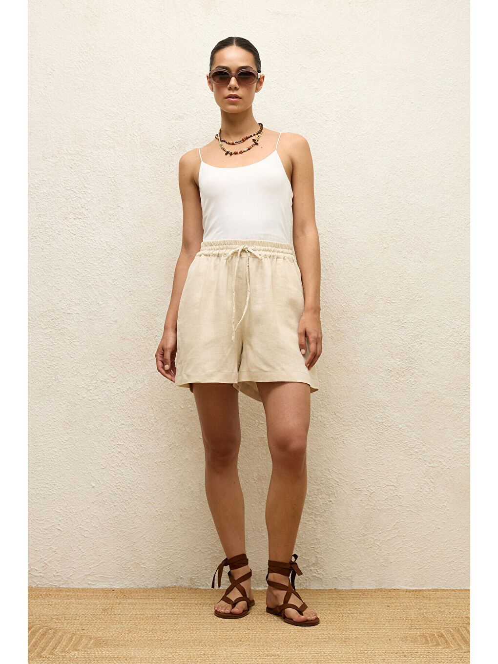 Keten Rahat Şort Bej-2
