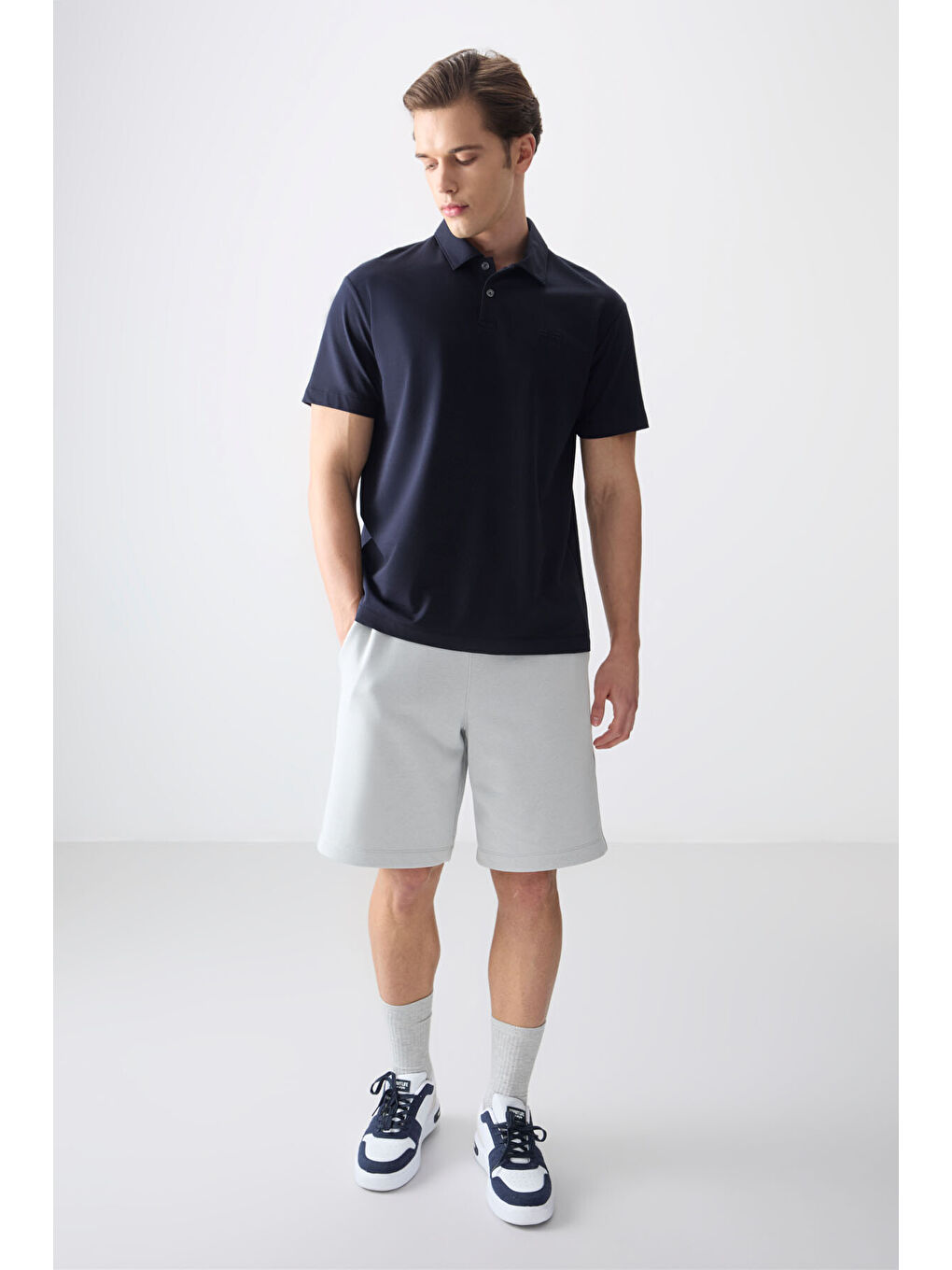 Lacivert Pamuklu Kalın Yumuşak Dokulu Polo Yaka Oversize Fit Basic Erkek Tişört- 88381-2